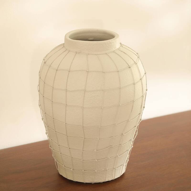 Handmade Off-White Terracotta Vase with Wireframe - 9.75x9.75x12 Inch Table Accent