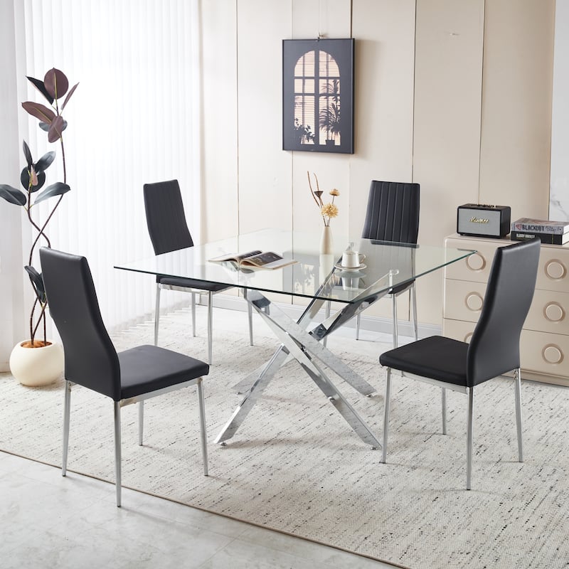 Chrome Dining Table with cross metal leg and glass,Modern Space Saving Kitchen Table for Living Room,120x120x75cm square glass