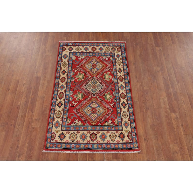 Geometric Orange Kazak Accent Rug Hand-Knotted Wool Carpet - 3'0" x 4'11"