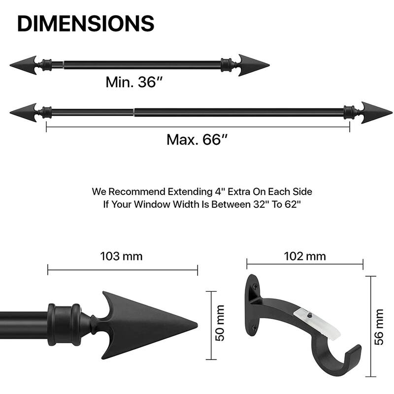 Deco Essential 3/4 Inch Curtain Rod for Windows & Doors Curtains Extendable Grey with Flat Arrow Finials & Brackets Set