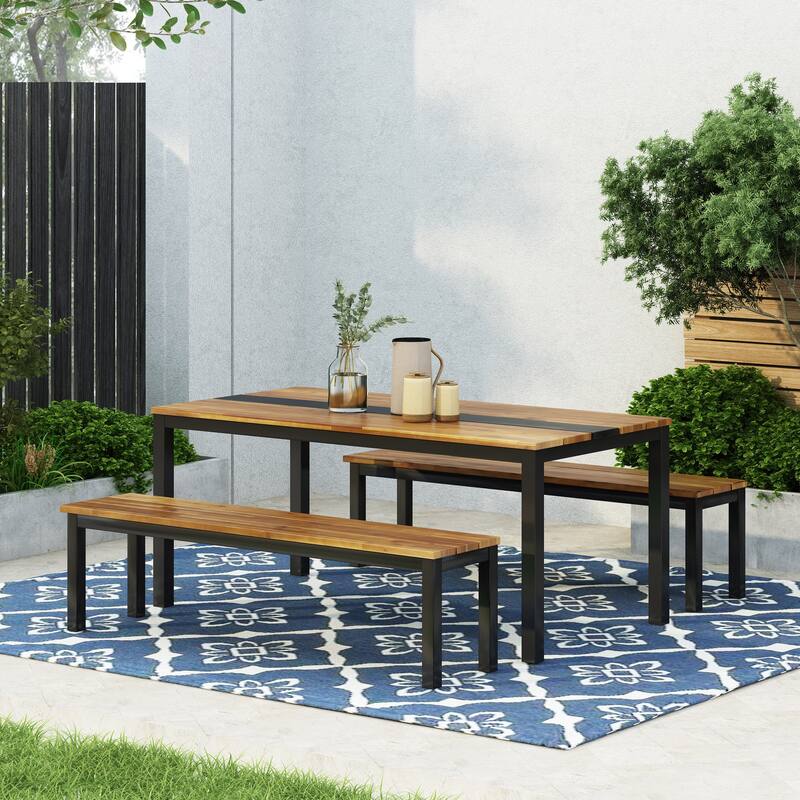 Lindsey Outdoor Modern Industrial Acacia Wood Picnic Set by Christopher Knight Home - Teak/Black