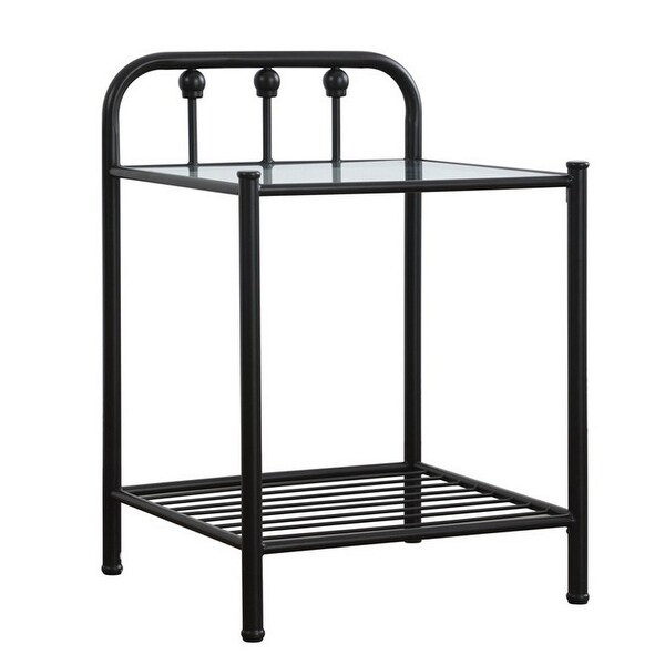 Metal Nightstand with Glass Top and Slated Open Bottom Shelf