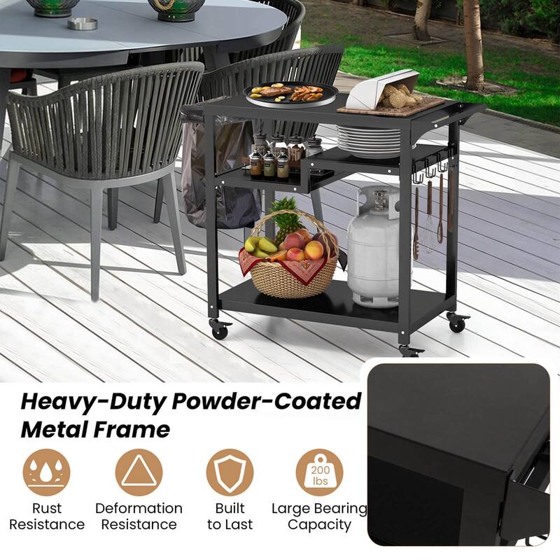 Costway Rolling Grill Cart 3-Shelf BBQ Table Pizza Oven Stand with - See Details