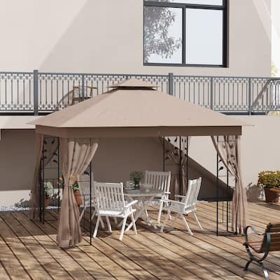 Outsunny 10' x 11.5' Metal Patio Gazebo, Double Roof Outdoor Gazebo Canopy Shelter with Tree Motifs Corner Frame and Netting