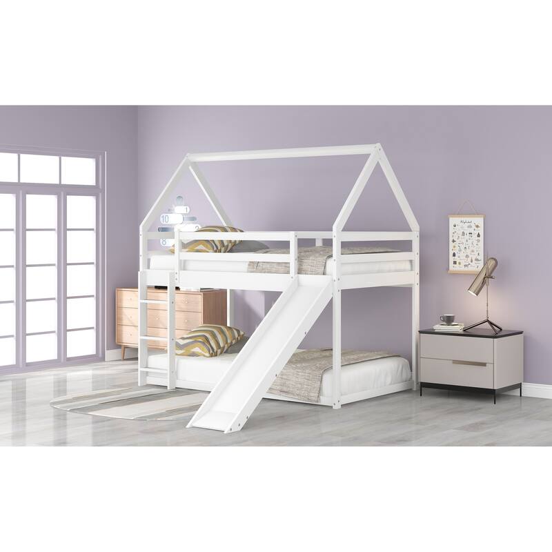 Twin Size House Bunk Bed with Slide and Ladder in White