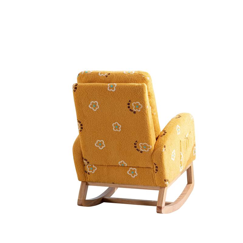 Upholstered High Back Wooden Rocking Chair Mid Century Rocker Armchair with Side Pocket for Bedroom Mustard