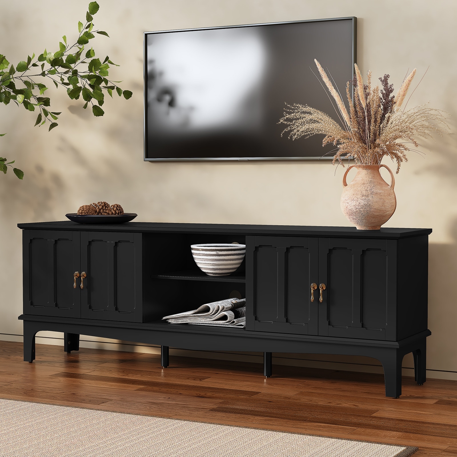 67" Mid-Century Modern TV Stand with Storage Cabinets & Open Shelves