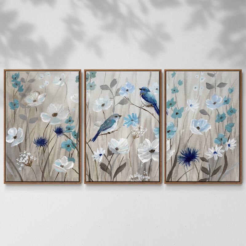 Bluebirds in Spring - Multi Piece Framed Canvas - 24 x 36 - Walnut