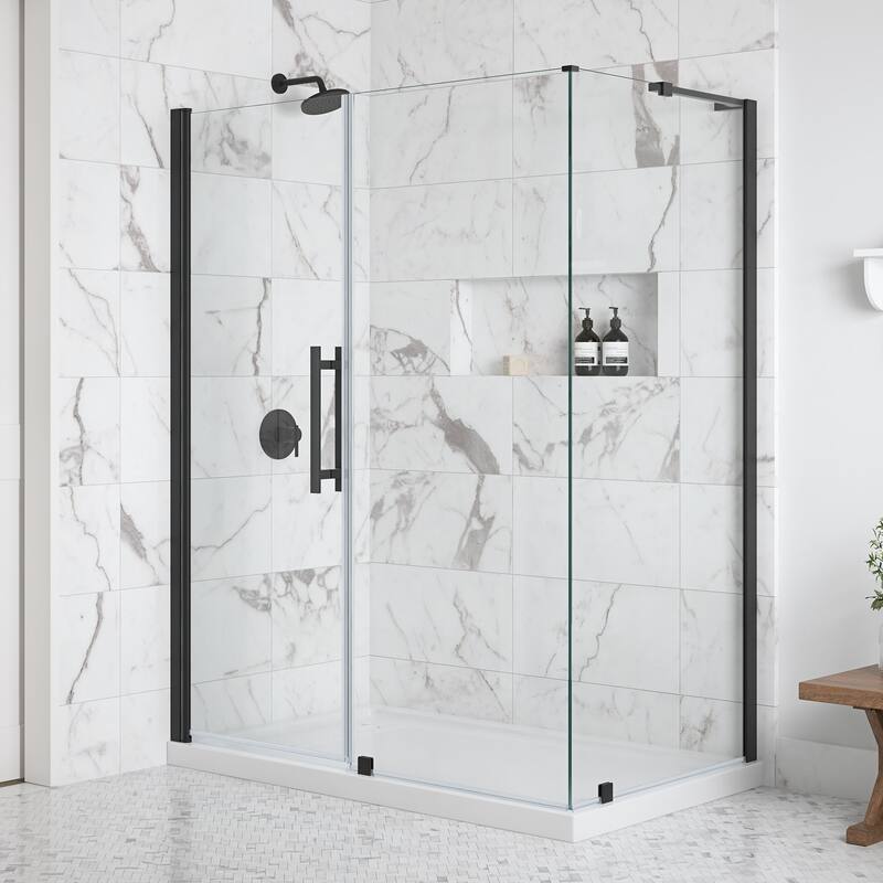 OVE Breeze Pivot Corner Frameless Pivot Shower Door Kit with Base Pan - 60" - Matte Black