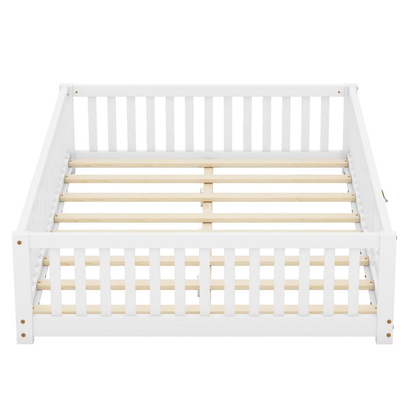 Full Size Pine Wood Floor Bed with Safety Guardrails and Door for Kids