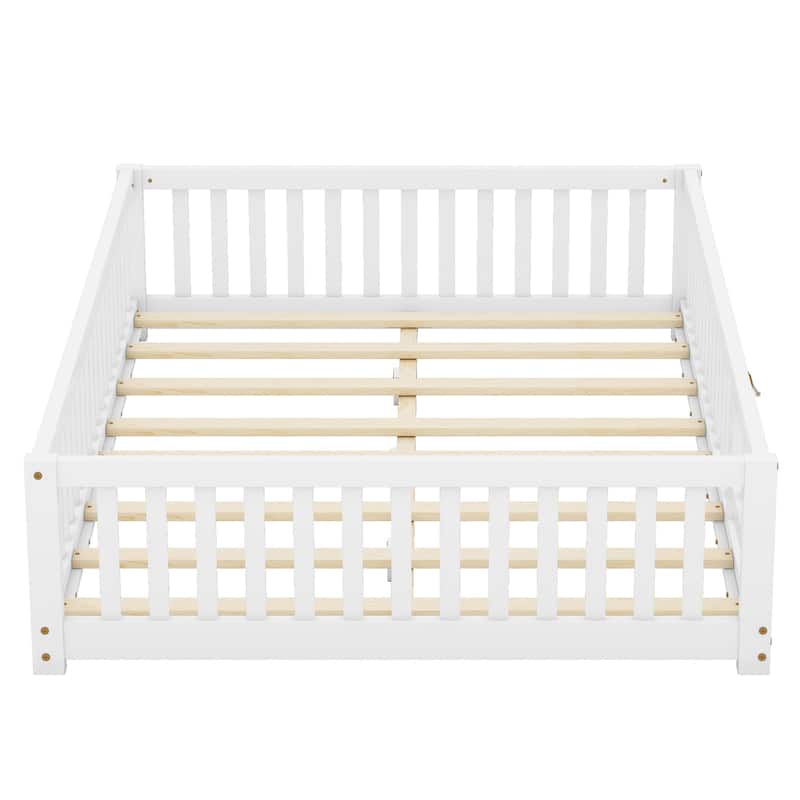 Wooden Floor Bed Frame with Safety Fence and Door, Removed Slat Design