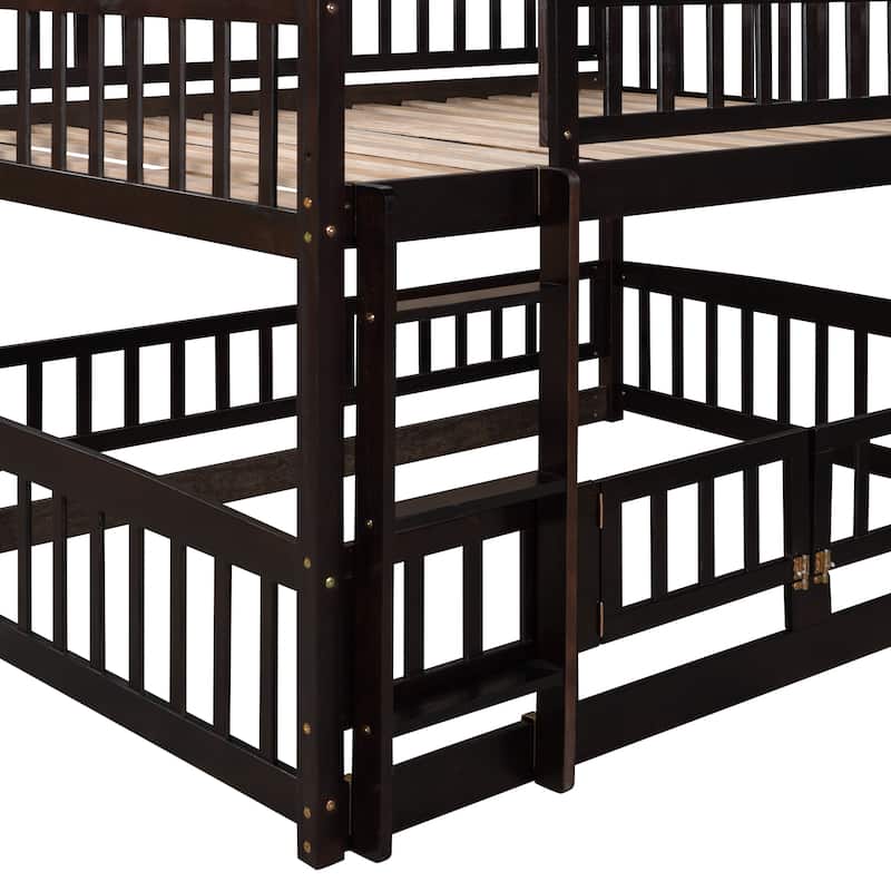 Solid Pinewood Floor Bunk Bed Frame with Slide and Ladder, Twin/Full Size Low Bunk Bed with Fence and Door for Kids Teens