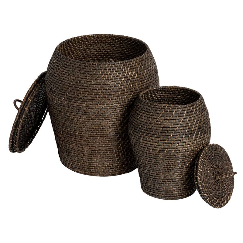 Hand-Woven Rattan Wicker Storage Baskets with Lids, Set of 2