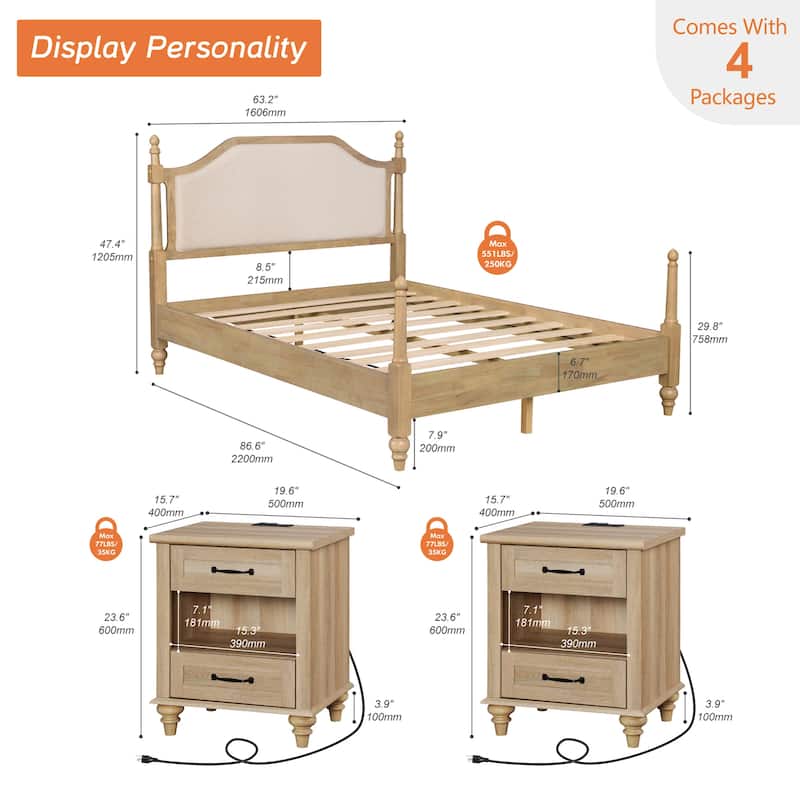 3 Piece Bedroom Set, Queen Size Bed Frame & Set of 2 Nightstands, Oak