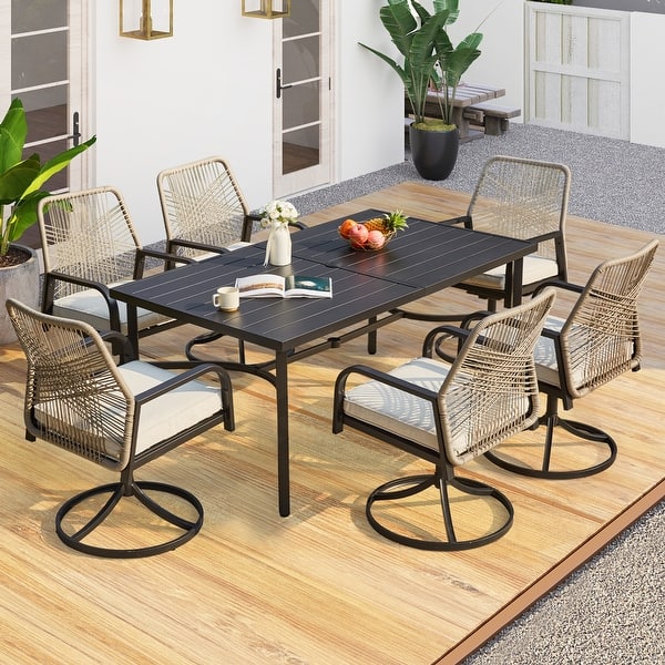 slide 2 of 26, Outdoor Dining Set, Swivel Rattan Chairs w Thick Removable Cushion, Dining Table w Umbrella Hole, Patio Furniture Set