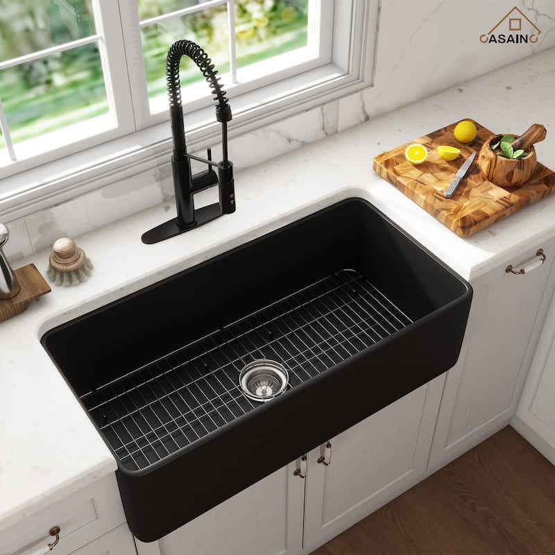 Farmhouse/Apron-Front Single Bowl Fireclay Kitchen Sink with 3-Function Pull-Down Kitchen Faucet, Grid, and Basket Strainer