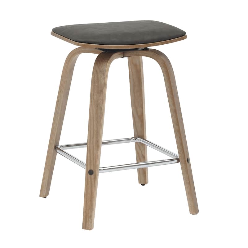 Leather Counter Stool Swivel Square Seat Poplar Wood Frame Iron Foot Rest - Washed Walnut/Brown