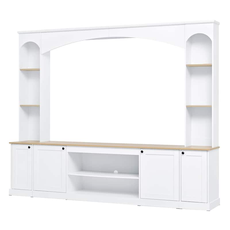 91" Farmhouse Arched Entertainment Center for TVs Up to 70" - Wood Grain TV Stand with Bookshelf & Adjustable Shelves