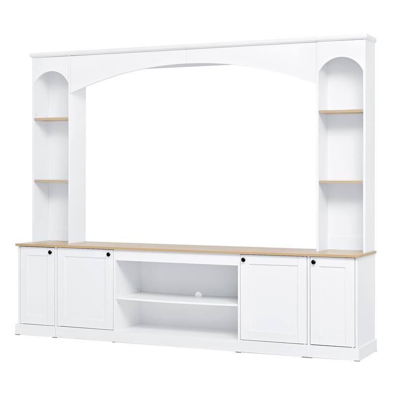 Elegant Arched Entertainment Center Wall Unit with Bookshelf, Farmhouse TV Stand with Wood Grain for TVs Up to 70"