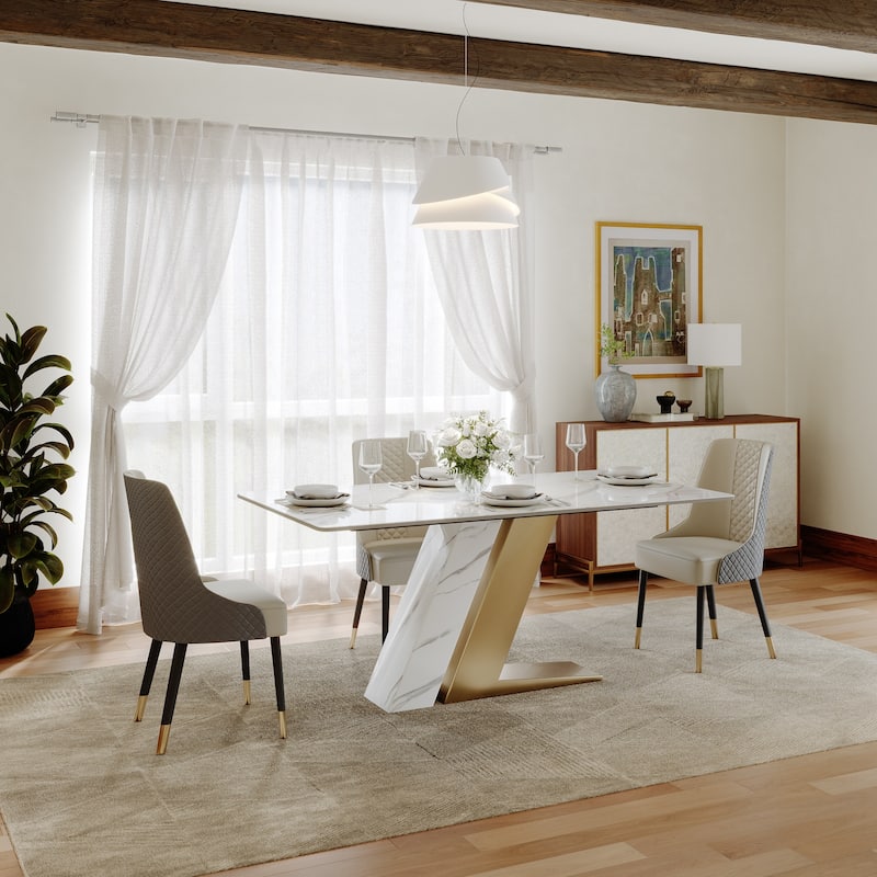 Modern Luxury White Rectangular Dining Table with Glossy Sintered Stone Tabletop, White Z-shaped Stainless Steel Base
