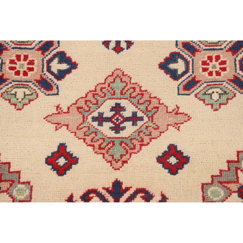 Geometric Kazak Area Rug Hand-Knotted Beige Wool Carpet - 5'2" x 6'6"