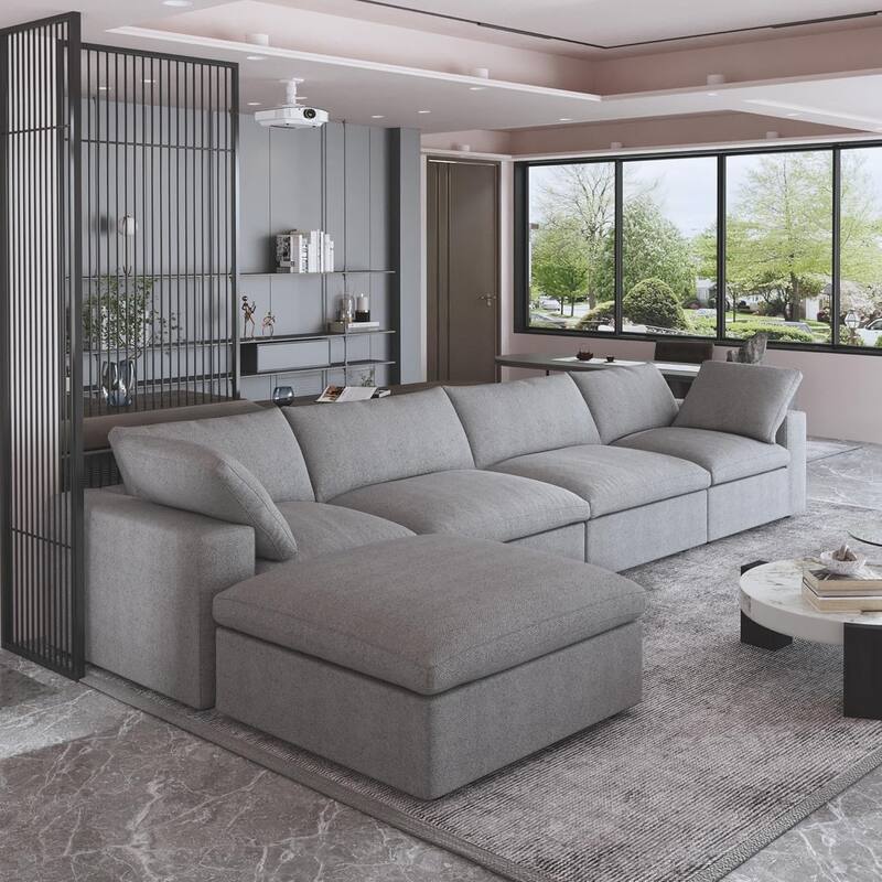 160.6" Modern Linen Sectional Sofa，4-seater Modular Couch with Storage Ottoman for Living Room.