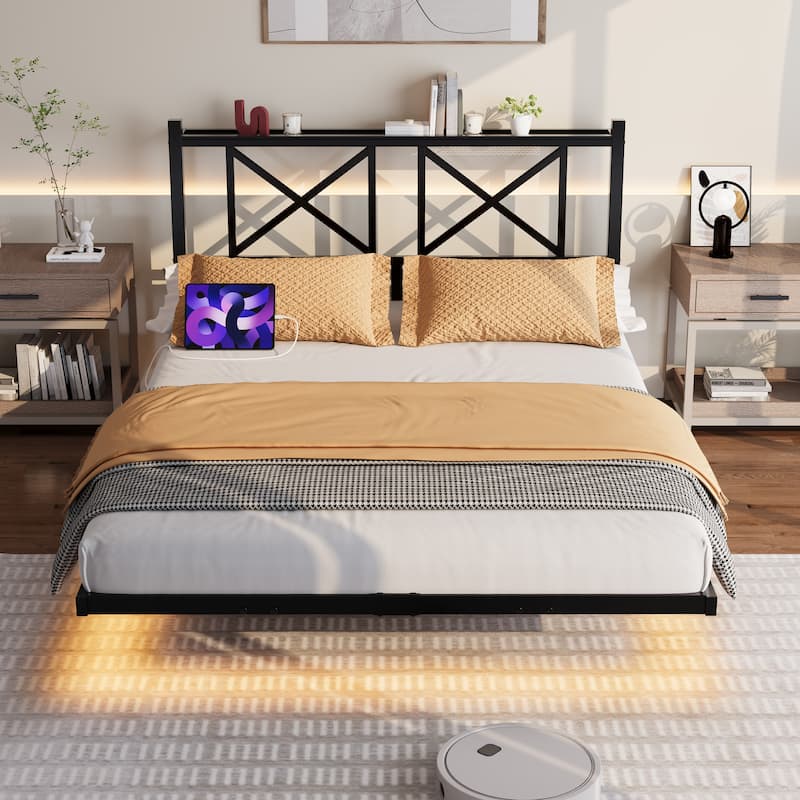 Floating Bed Frame Metal Platform Bed Frame with USB Charging Station Storage Headboard, LED Lights, No Box Spring Needed,Black