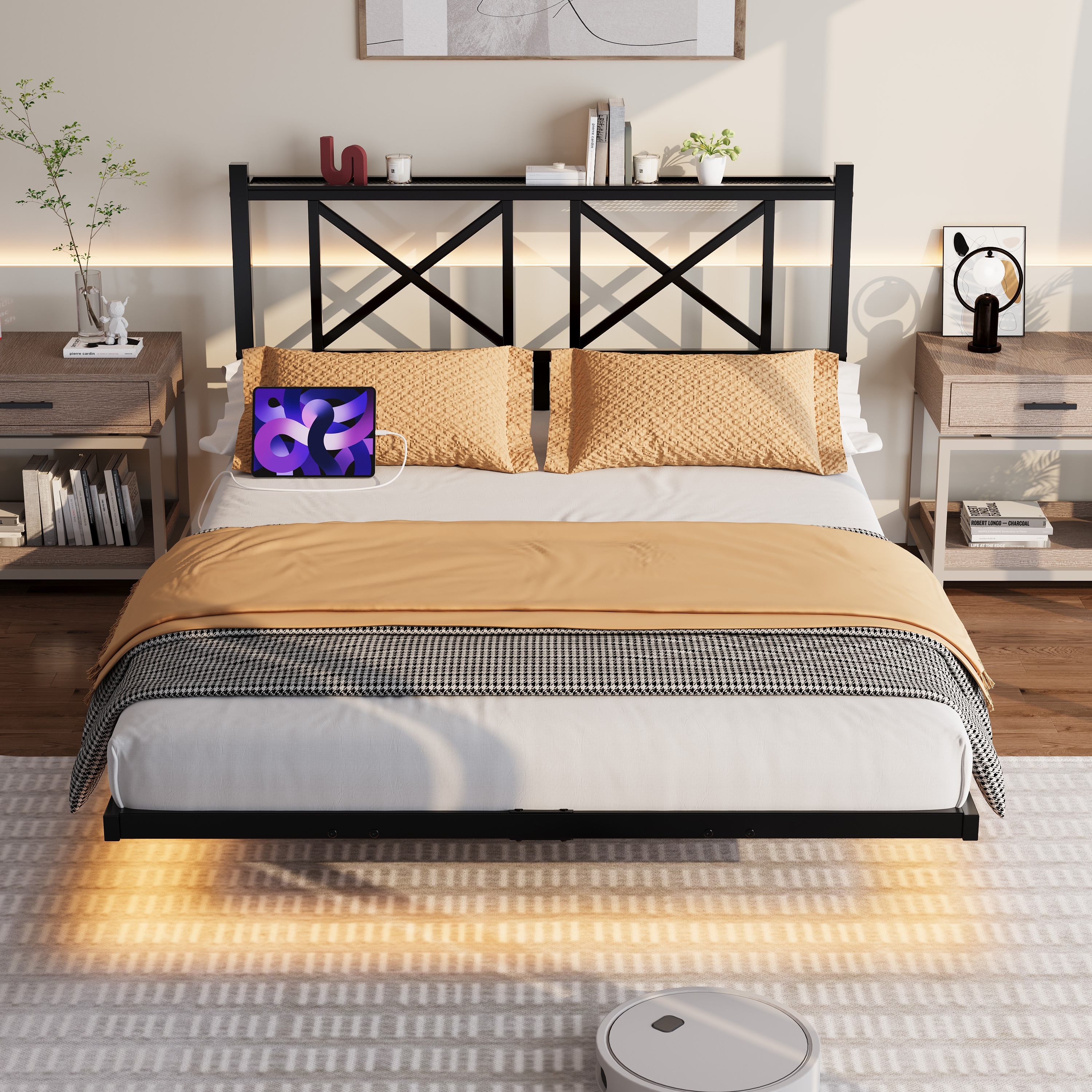 Full Size Floating Bed Frame with Headboard and Storage, Full Size Platform Bed Frame with USB Charging Station and LED Lights
