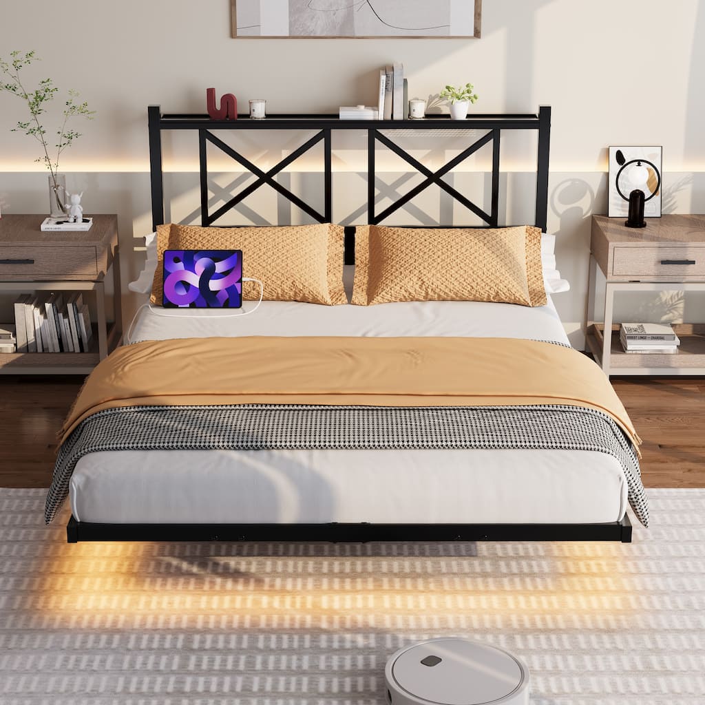 Full Size Floating Bed Frame with Headboard and Storage, Full Size Platform Bed Frame with USB Charging Station