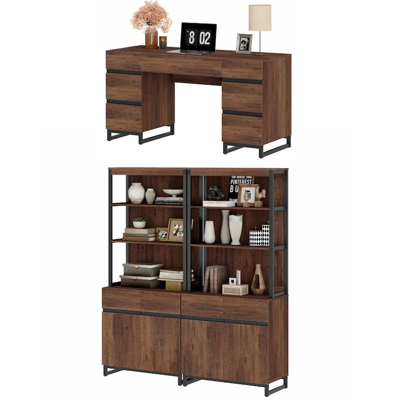 WAMPAT 59in Modern Executive Desk with Charging Station & Drawers and 2 PCS 72in Tall Bookcases with Storage Cabinet.
