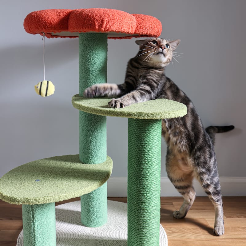 Poppy 29" 3-Tier Modern Jute Flower Cat Tree with Dangling Toy, Orange/Green