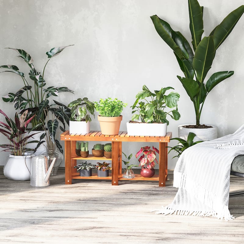 Teak Ottoman Bench Shoe Rack Bench with Three Tier Open Shelves, Wooden Dining Bench Window Bench Decorative Bench