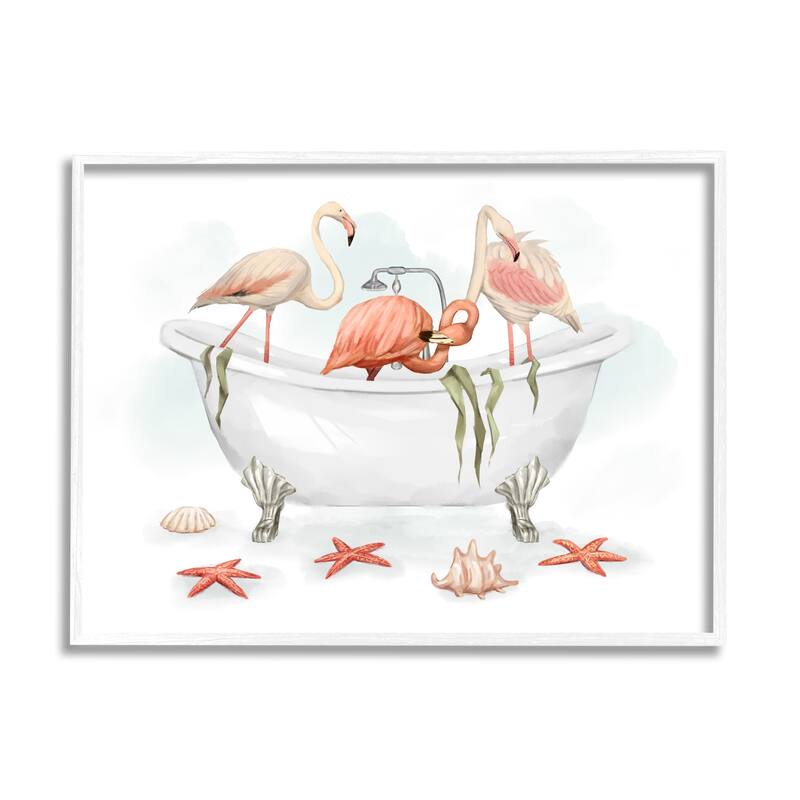 Stupell Flamingo Trio in Nautical Tub Seaside Bathroom Framed Wall Art - 11 x 14 - White