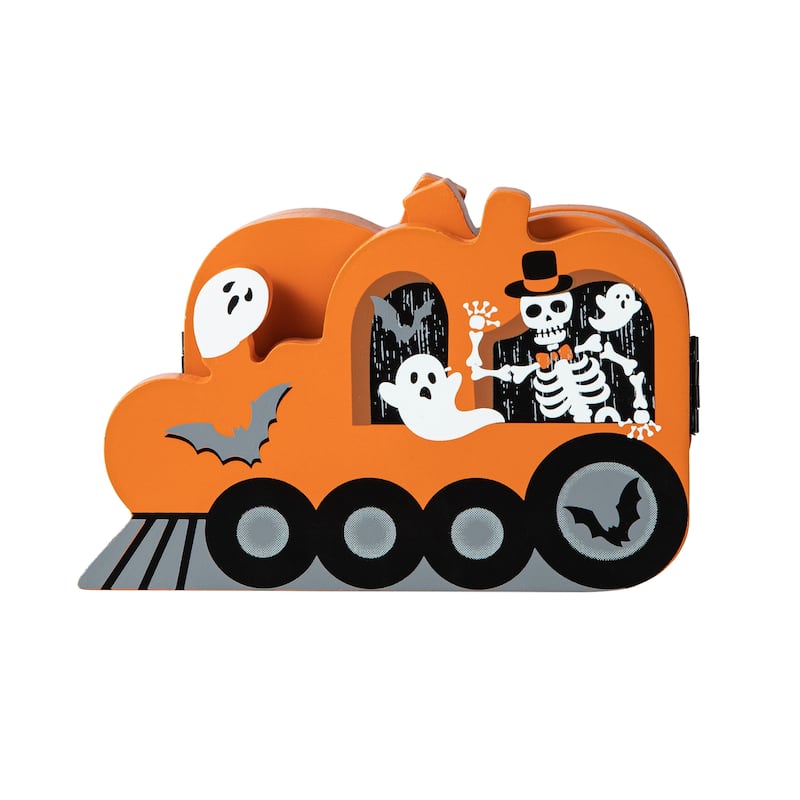 Glitzhome 16"L Halloween Skeletons and Ghosts Hinged Pumpkin Train Table Decor - Orange