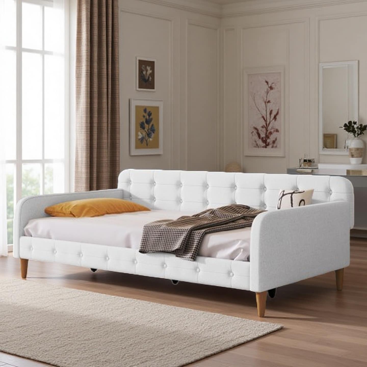 Full Size Linen Upholstered Daybed with Armrests and Sturdy Frame, Modern Sofa Bed with 4 Support Legs