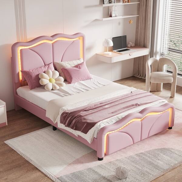 slide 2 of 4, Twin Size Platform Bed with Curve Shaped and Height-adjustbale Headboard, Upholstered Bed with LED Light Strips, Pink Pink