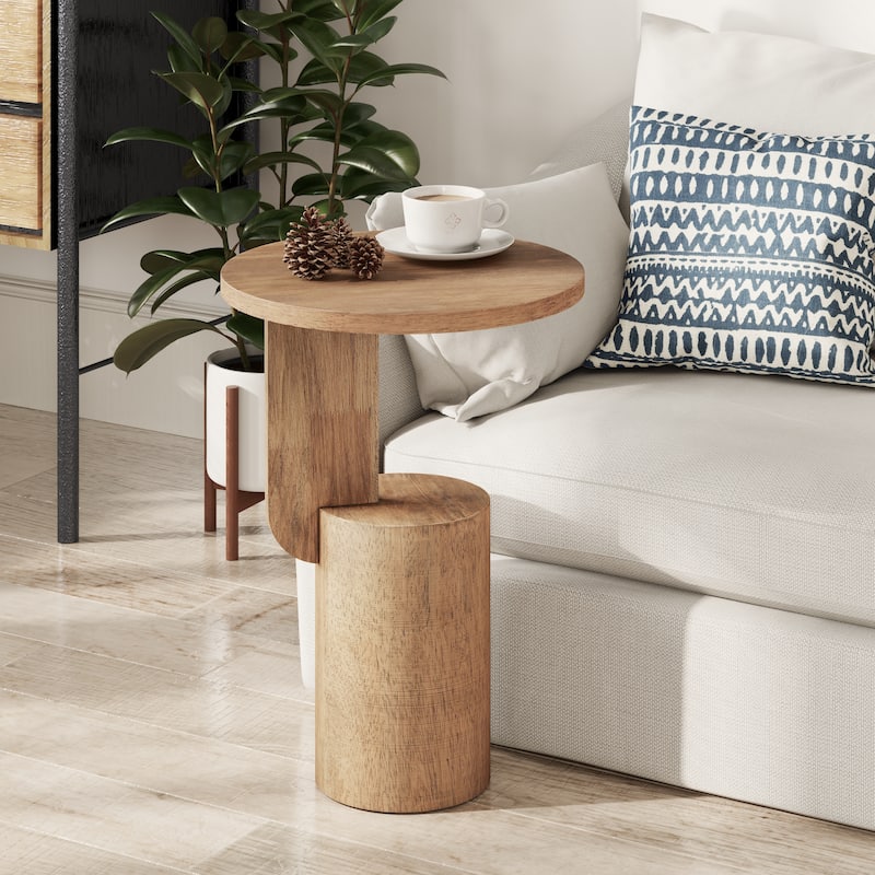 COZAYH Modern Small Drink Table with Geometric Base, Minimalist Tall End Table for Small Space, Natural