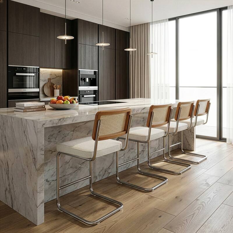 Set of 2 Ayers White Fabric Counter Stool with Rattan Backrest and Chrome Legs