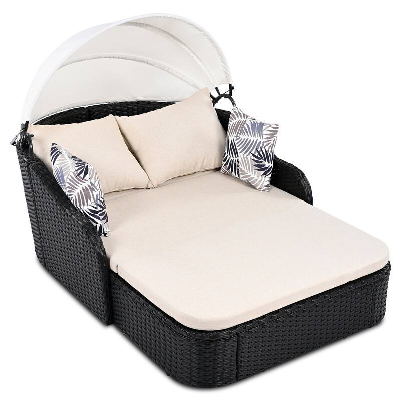 Outdoor Rattan Sunbed, Patio Wicker Daybed Lounger with Adjustable Canopy, Double Lounge,Thick Seat & Cushions, Conversation Bed