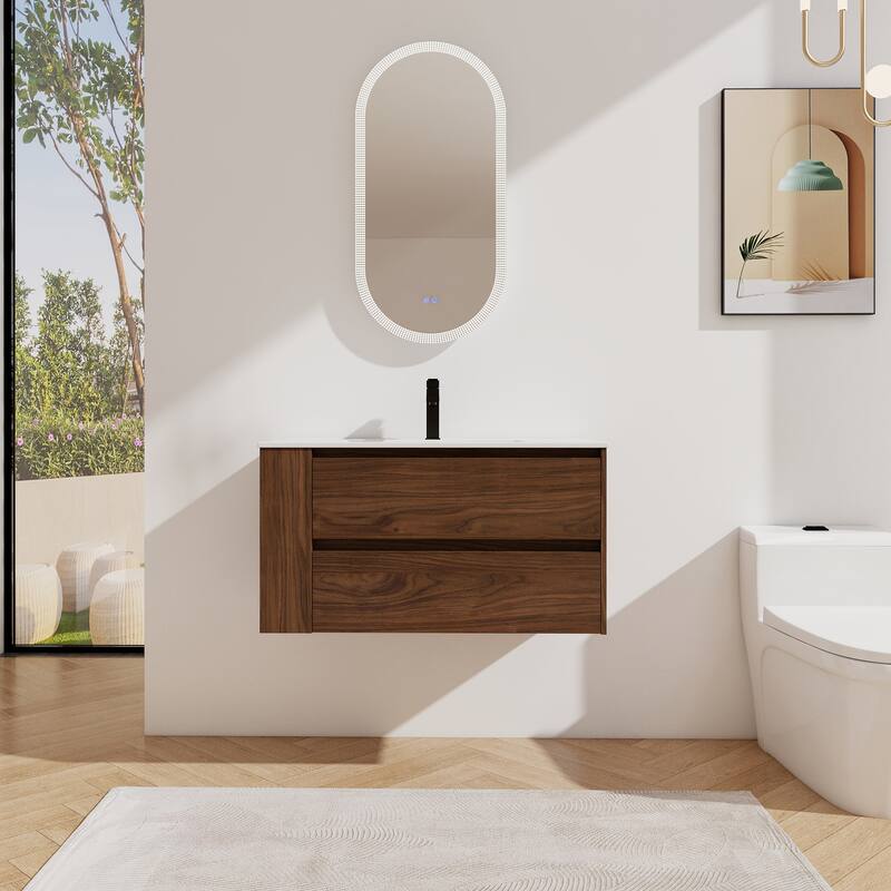 36 inch Plywood Wall Mounting Bathroom Vanity Set in Brown Oak with Integrated Ceramic Sink - 36" x 18" x 20" - Textured - Brown Oak