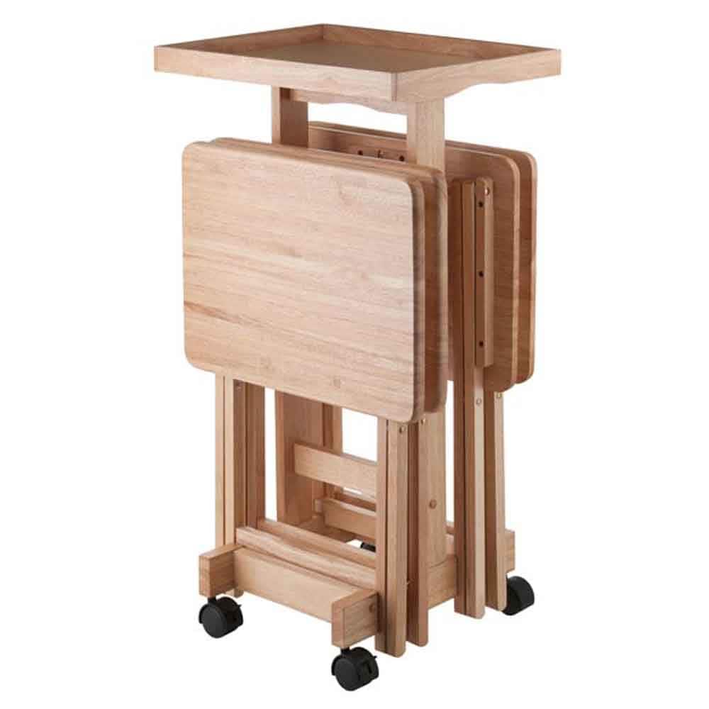 Walnut finish 5 pc wooden tray table hotsell set folding portable stand tv dinner snack