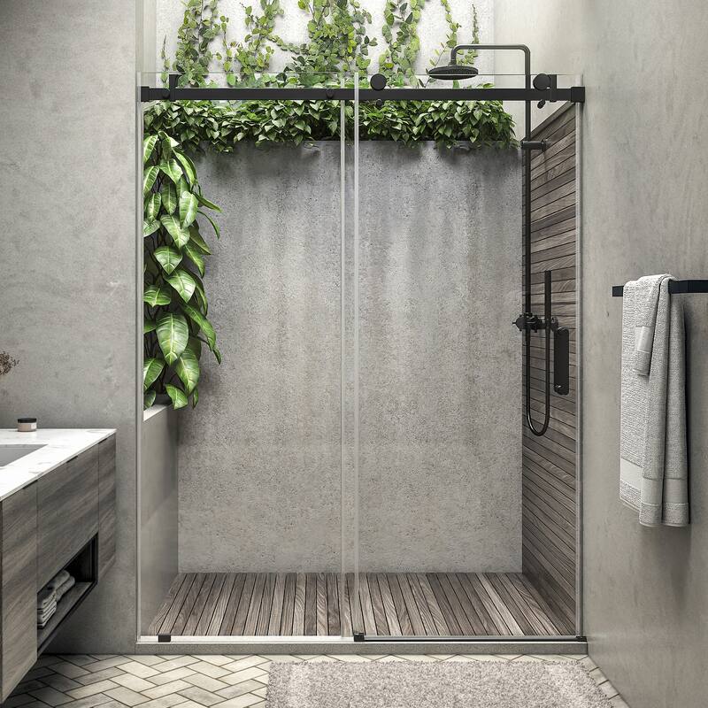 Seawin Alumni 56 - 60 x 76 inches Frameless Sliding Shower Door 3/8 in. (10 mm) Clear Tempered Glass with NanoShield Coating - Matte Black