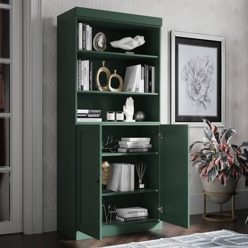 Solid Wood Tall Bookcase with Doors, Adjustable Shelves, Modular Storage, Open Display Bookshelf, 32" W x 71.5" H - Green