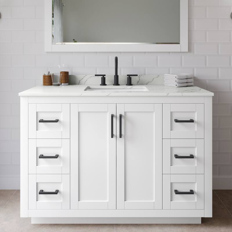Wyndham Collection WCF292948S-QTZ-US3MXX Miranda 48" Free Standing - White / Giotto Quartz Top / Matte Black Hardware