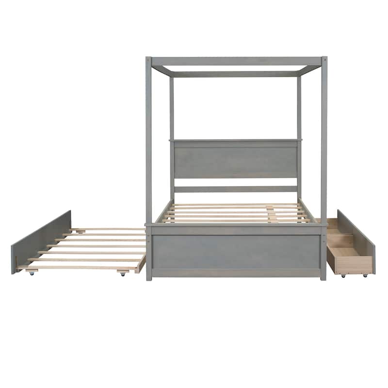 Canopy Platform Bed with Trundle and 2 Drawers, Support Slats