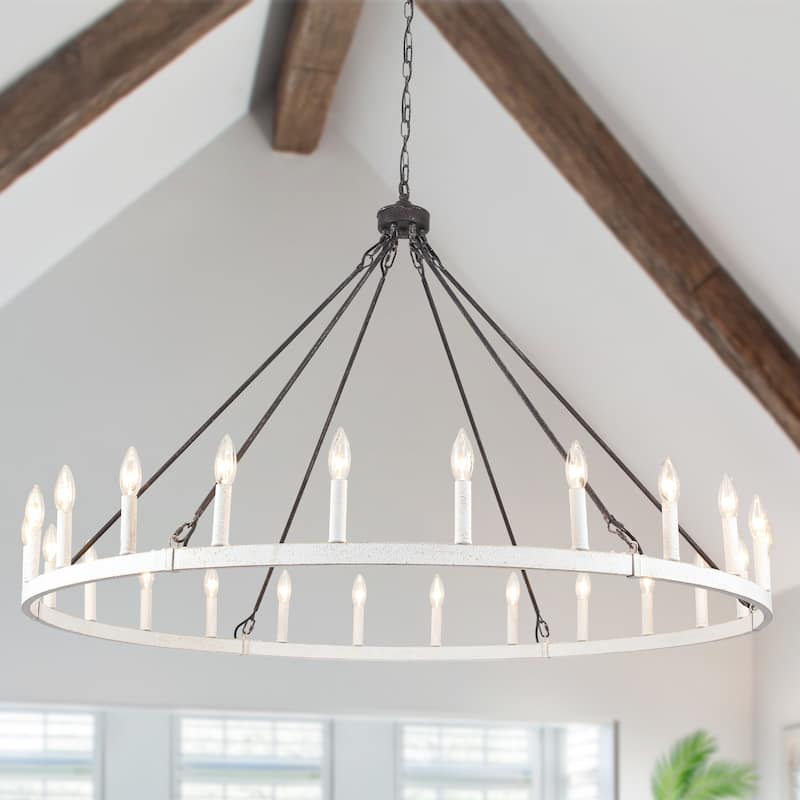 24 - Light 52in. Lagre Dimmable Wagon Wheel Chandelier Farmhouse Round Vintage Candle Style Light - N/A - Antique Black+Retro white