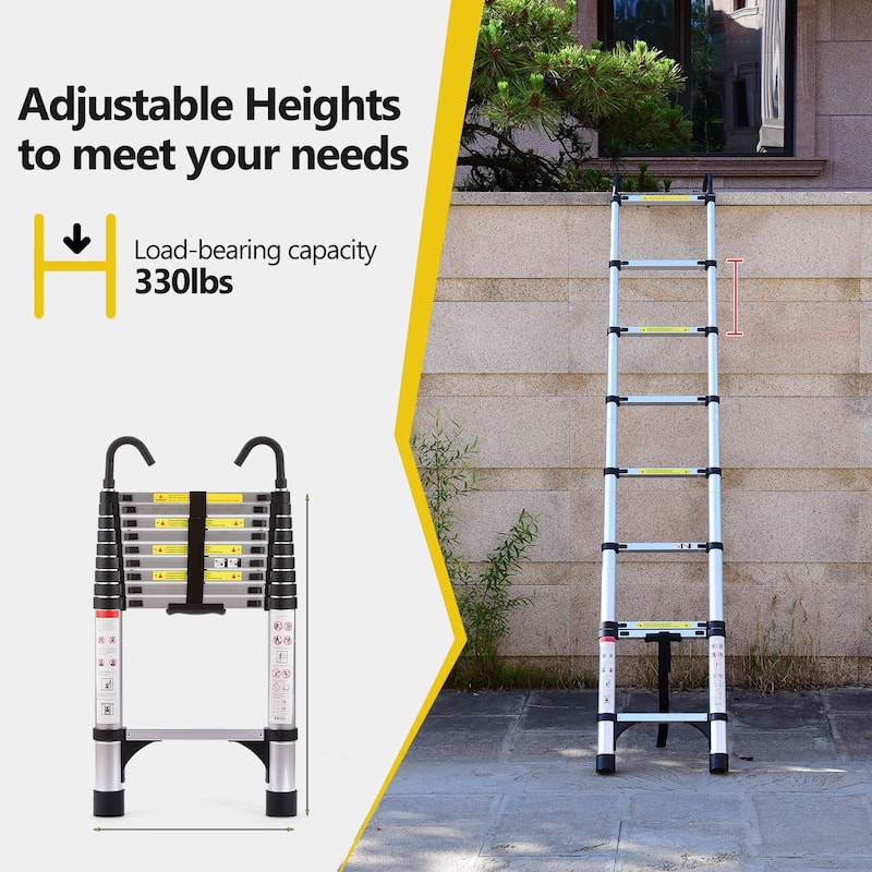 Anmytek 9.5 Foot Aluminum Telescopic Ladder with Stabilizers and Hooks 330 lbs Capacity Multi Purpose Folding Extension Ladder