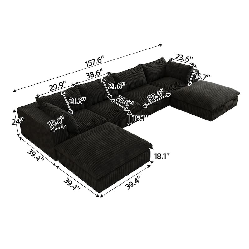 Corduroy Upholstered Deep Seat U-shaped Sectional Sofa with Ottomans and Double-layer Seat Cushions, Large Chaise Lounger Couch