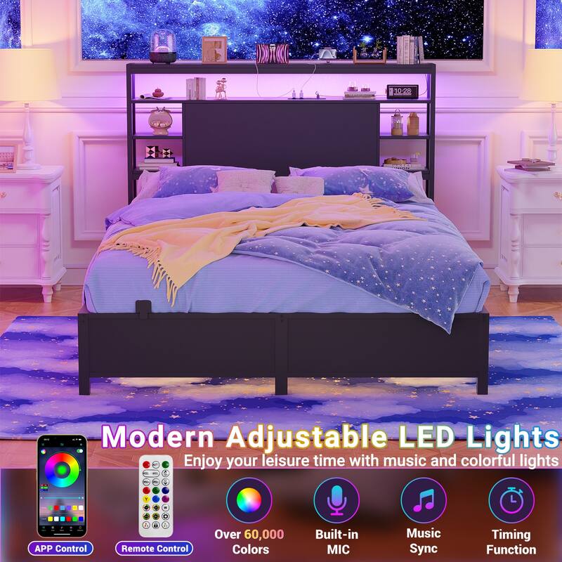 Headboards with Storage Shelves, Head Board with Power Outlet and LED Light for Bed Frame