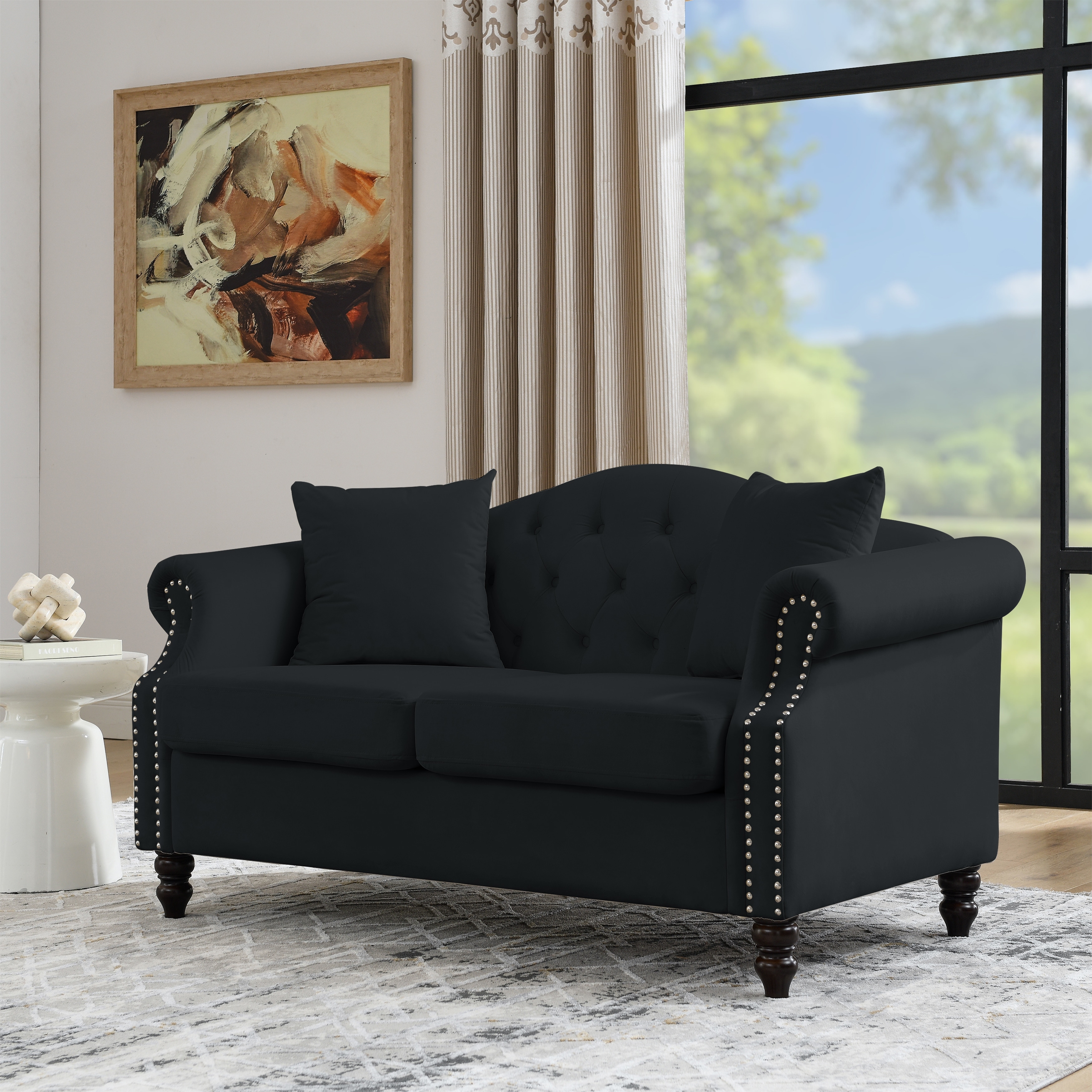 Black Velvet Loveseat w Nailheads Arm Deep Seat Curved Back Sofa 2 Seater